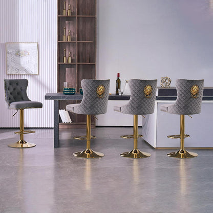 Samt Barhocker Set 4er – Höhenverstellbar, Grau/Gold