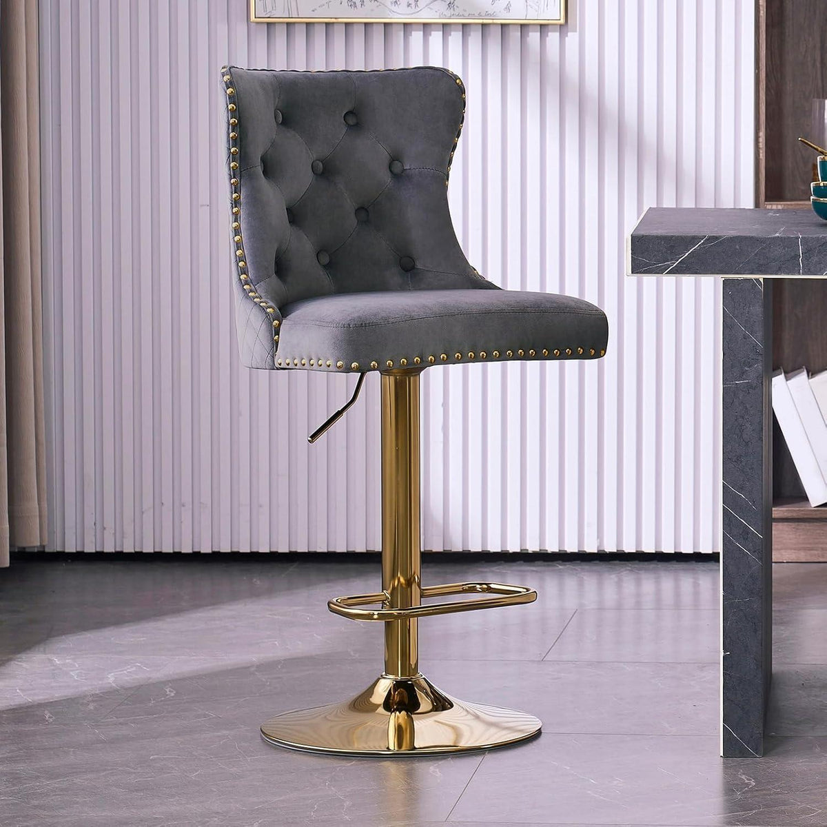 Samt Barhocker Set 4er – Höhenverstellbar, Grau/Gold