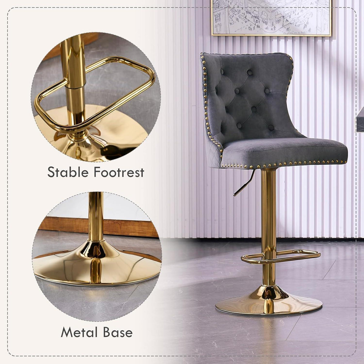 Samt Barhocker Set 4er – Höhenverstellbar, Grau/Gold