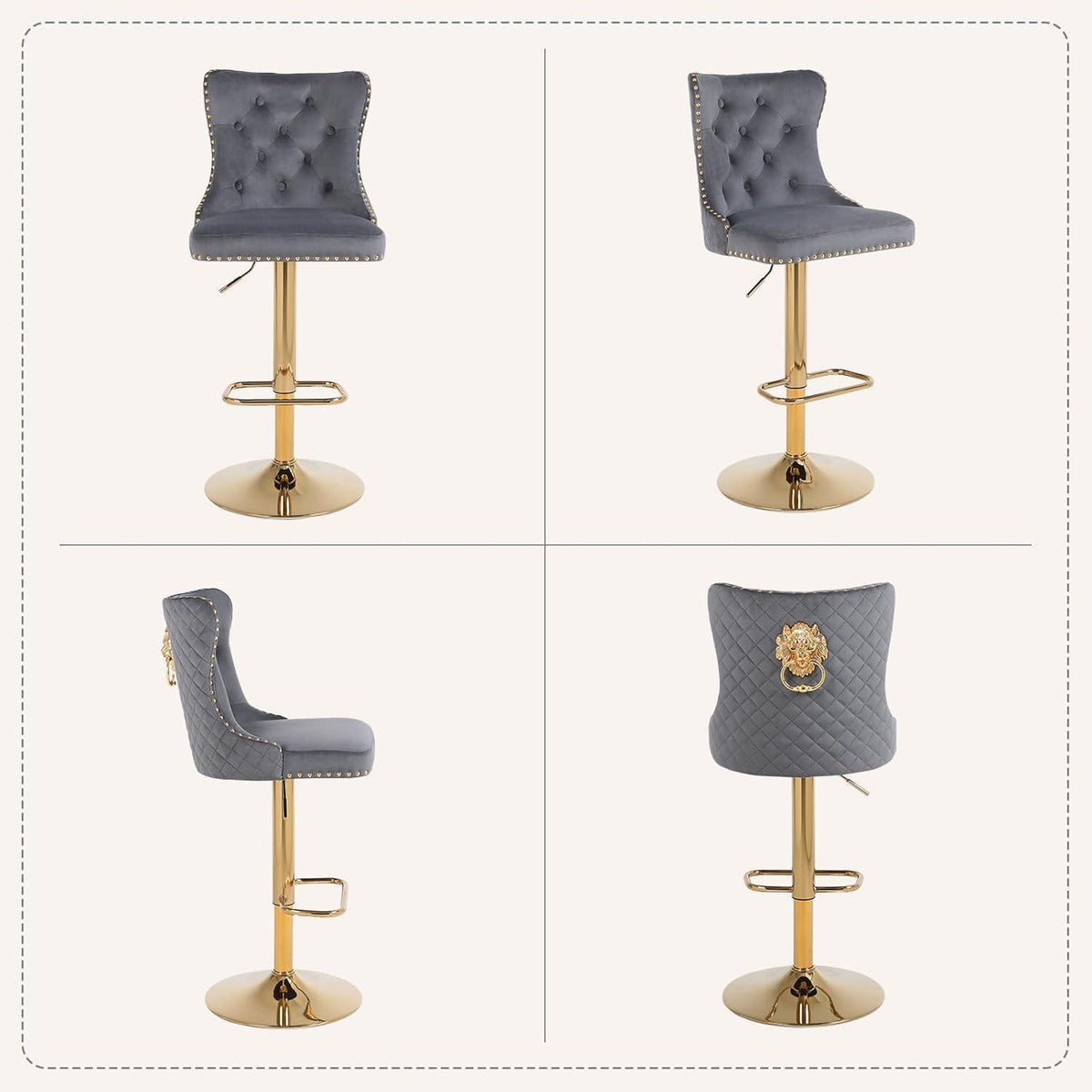 Samt Barhocker Set 4er – Höhenverstellbar, Grau/Gold