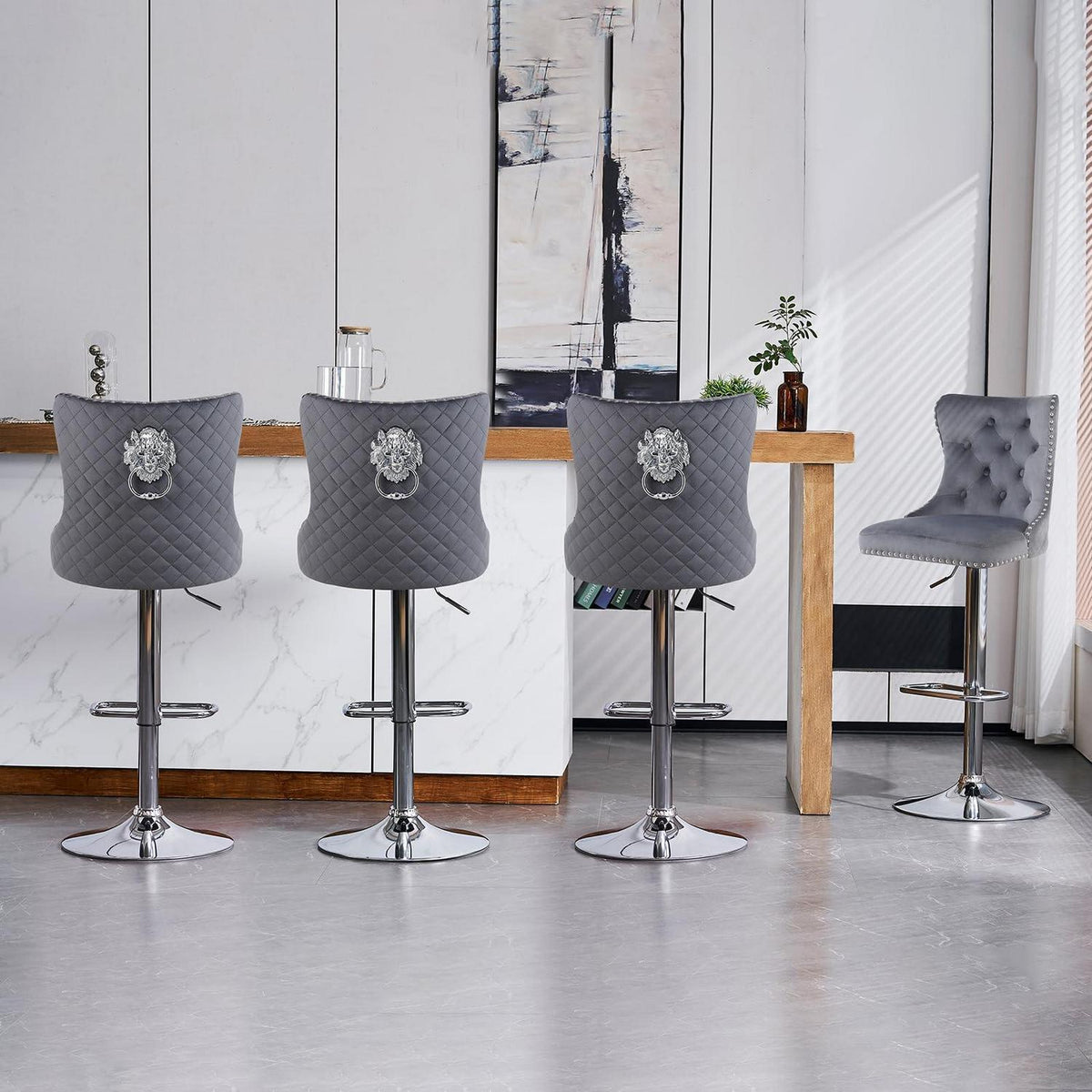 Samt Barhocker Set 4er – Höhenverstellbar, Grau