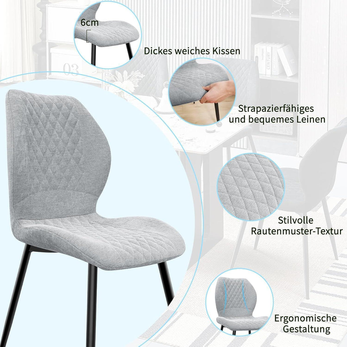 Gepolsterte Esszimmerstühle 6er Set Grau – Modern & Ergonomisch