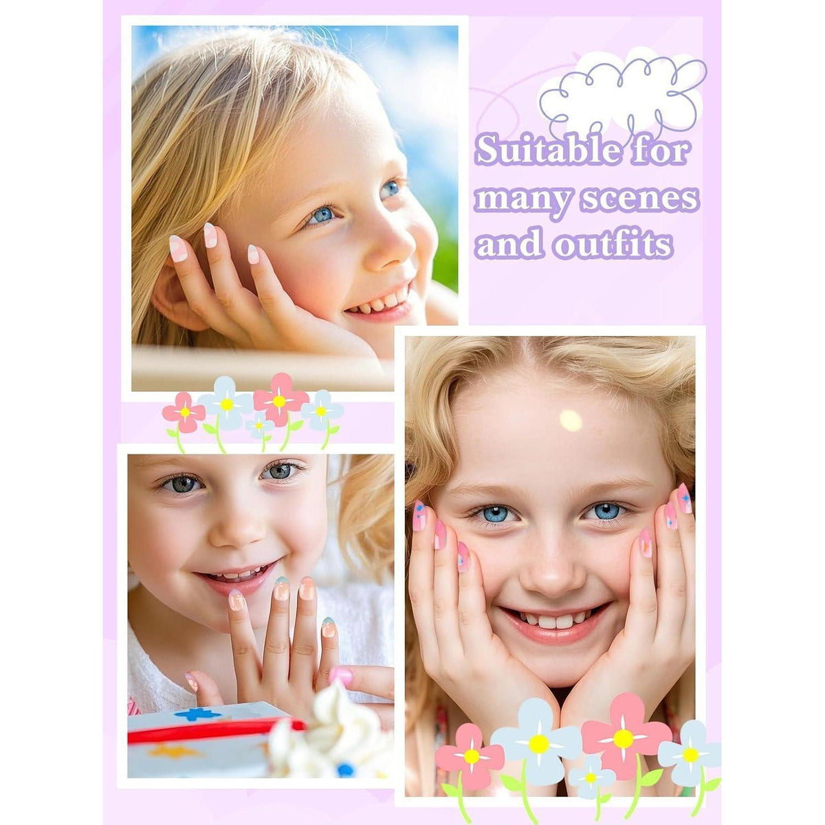 78er Set Kinder Nägel Rosa Stern Blume – Aufklebenägel für Mädchen