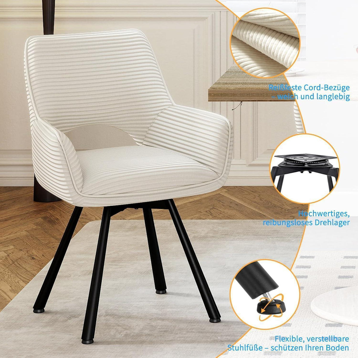 Drehbarer Esszimmerstuhl Set 6x Samt, Beige & Metallbeine