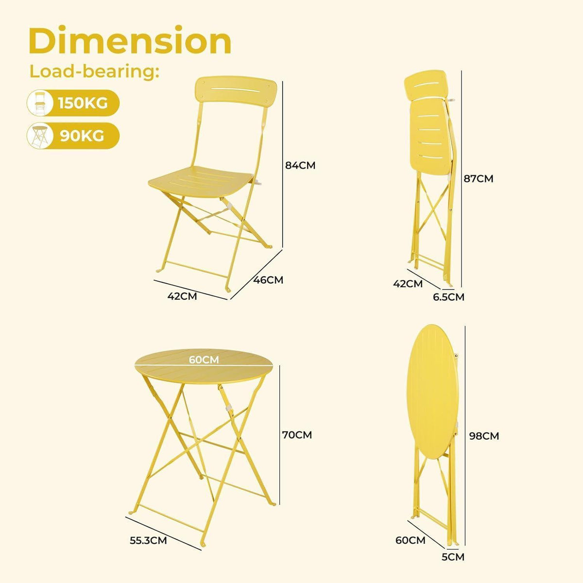 Bistro Set Gelb 3-teilig klappbar wetterfest für Balkon