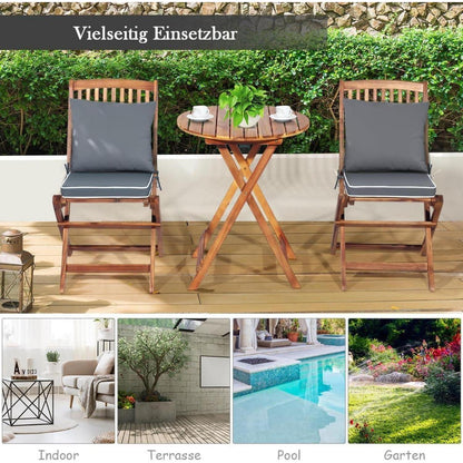 Akazienholz Gartenmöbel Set klappbar mit 2 Stühlen & Kissen Grau