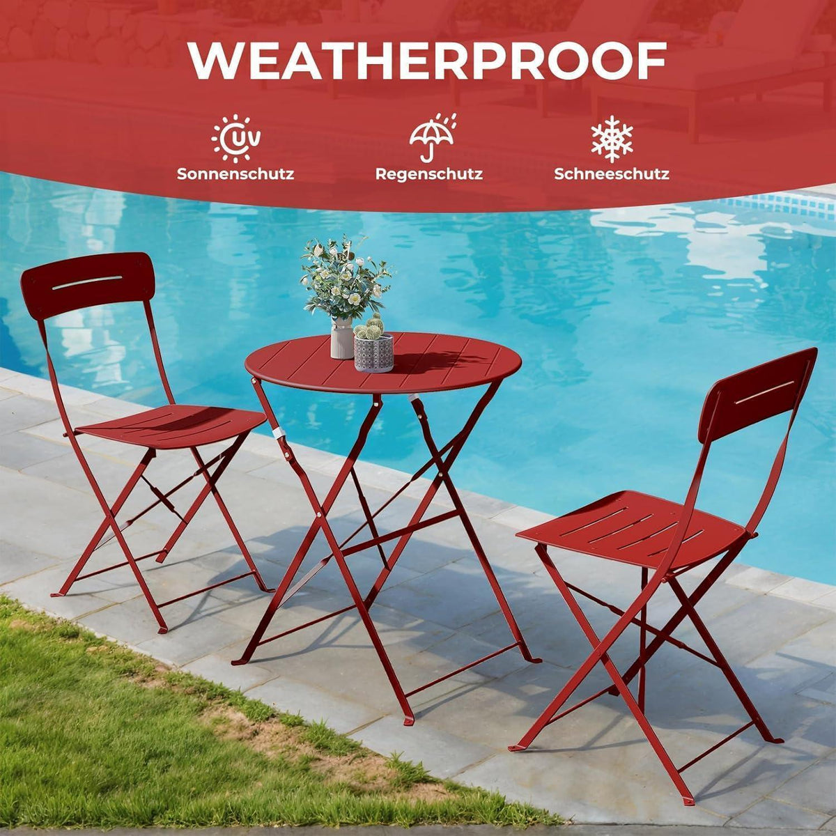 Bistro Set 3-teilig, wetterfest, klappbar, blau-rot