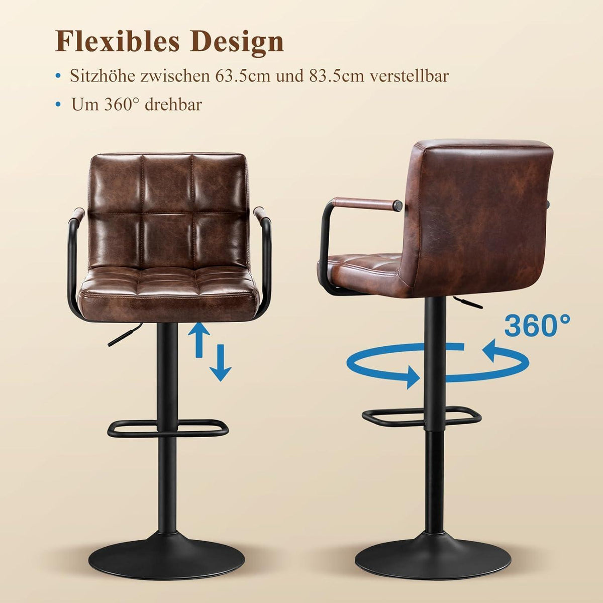 Barhocker Set 2x, Höhenverstellbar, Dunkelbraun in Lederoptik