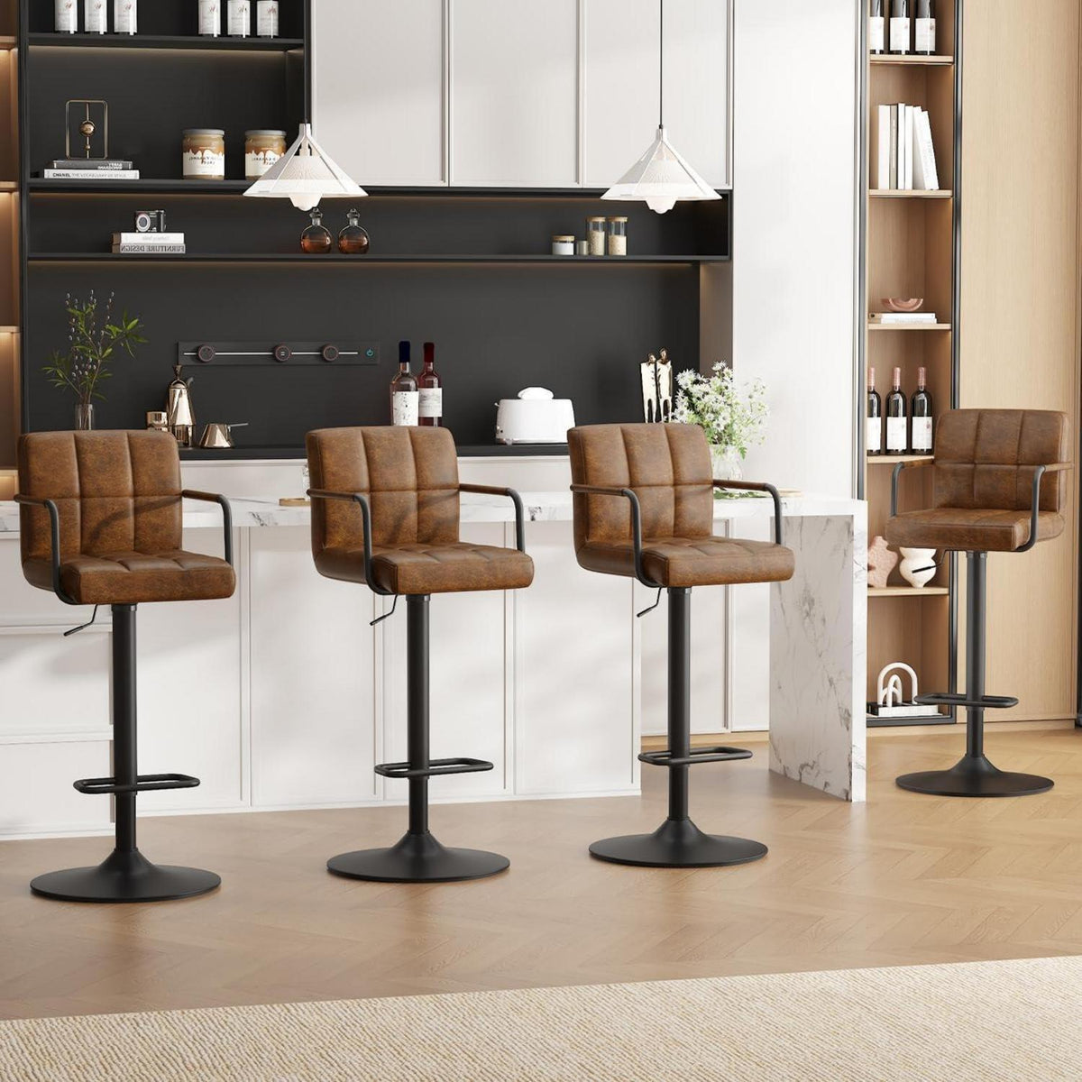 Barhocker Set 4er – Höhenverstellbar, Schwarzbraun in Lederoptik