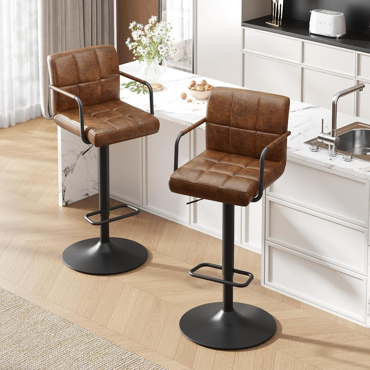 Barhocker Set 4er – Höhenverstellbar, Schwarzbraun in Lederoptik
