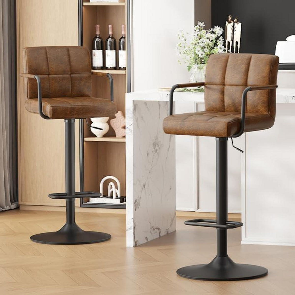Barhocker Set 4er – Höhenverstellbar, Schwarzbraun in Lederoptik