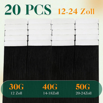 Echthaar Tape Extensions Schwarz – 55cm, 50g, #1