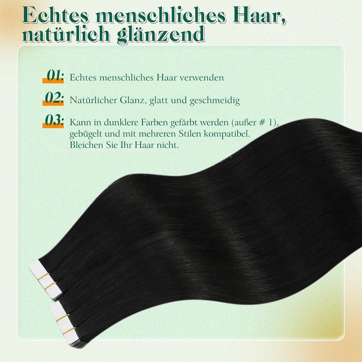 Echthaar Tape Extensions Schwarz – 55cm, 50g, #1