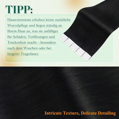 Echthaar Tape Extensions Schwarz – 55cm, 50g, #1