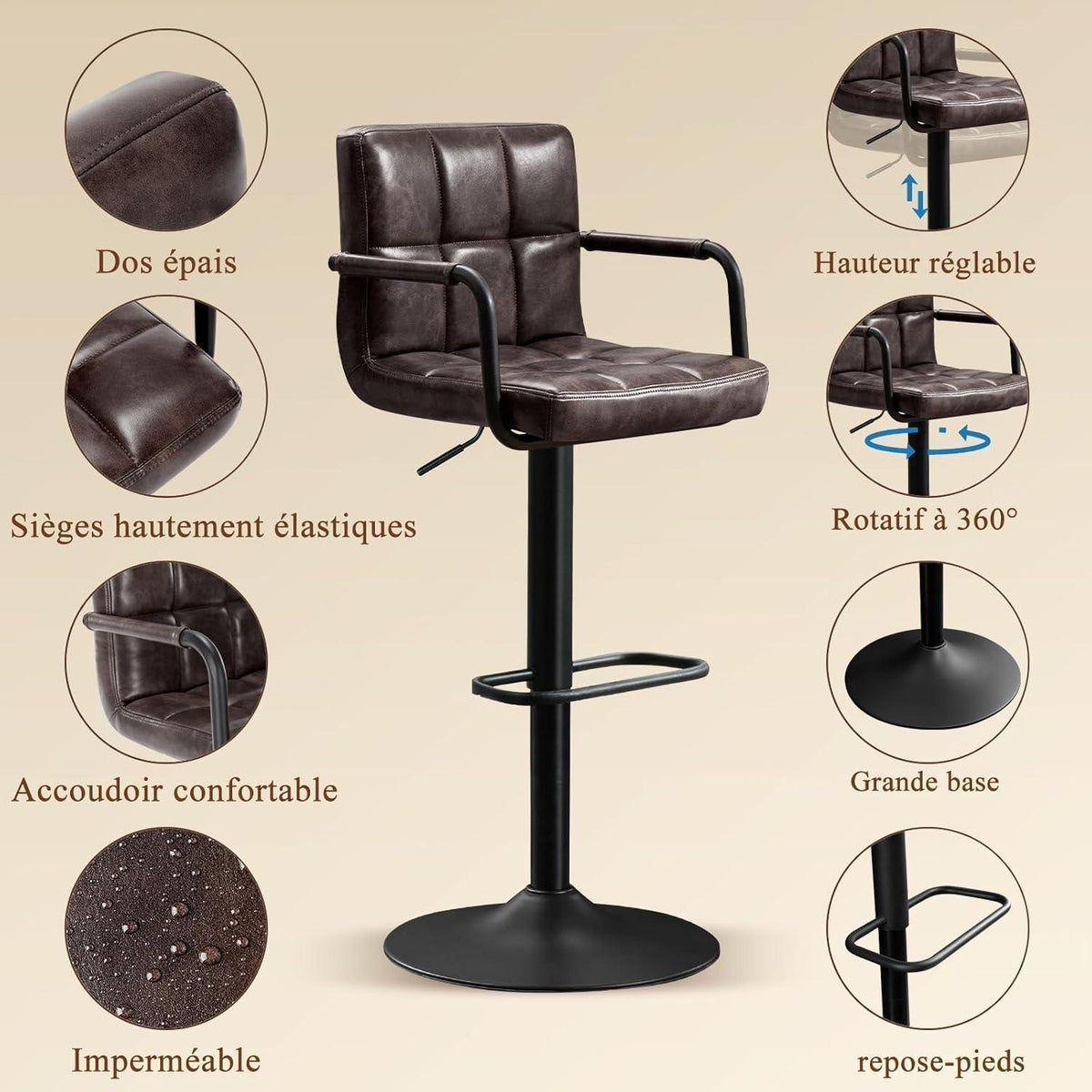 Barhocker Set 4er – Höhenverstellbar, Schwarzbraun in Lederoptik