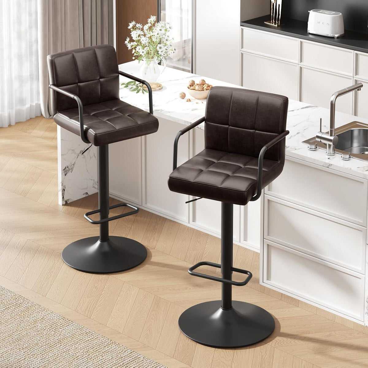 Barhocker Set 4er – Höhenverstellbar, Schwarzbraun in Lederoptik