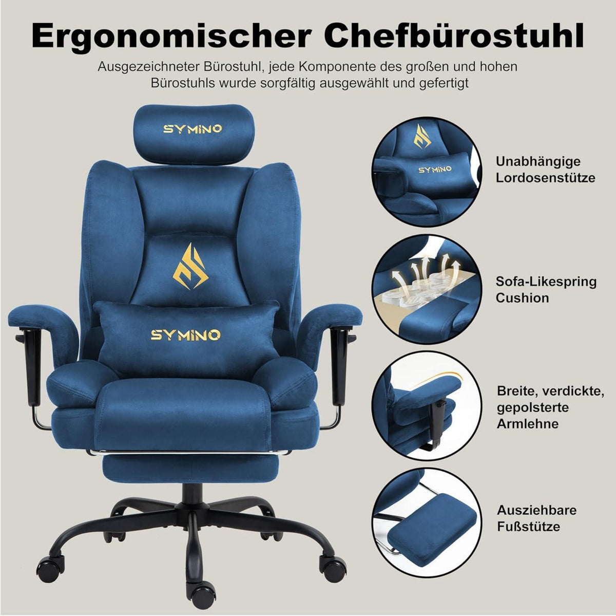 Symino Gaming Stuhl Bürostuhl Ergonomisch mit Fußstütze Blau