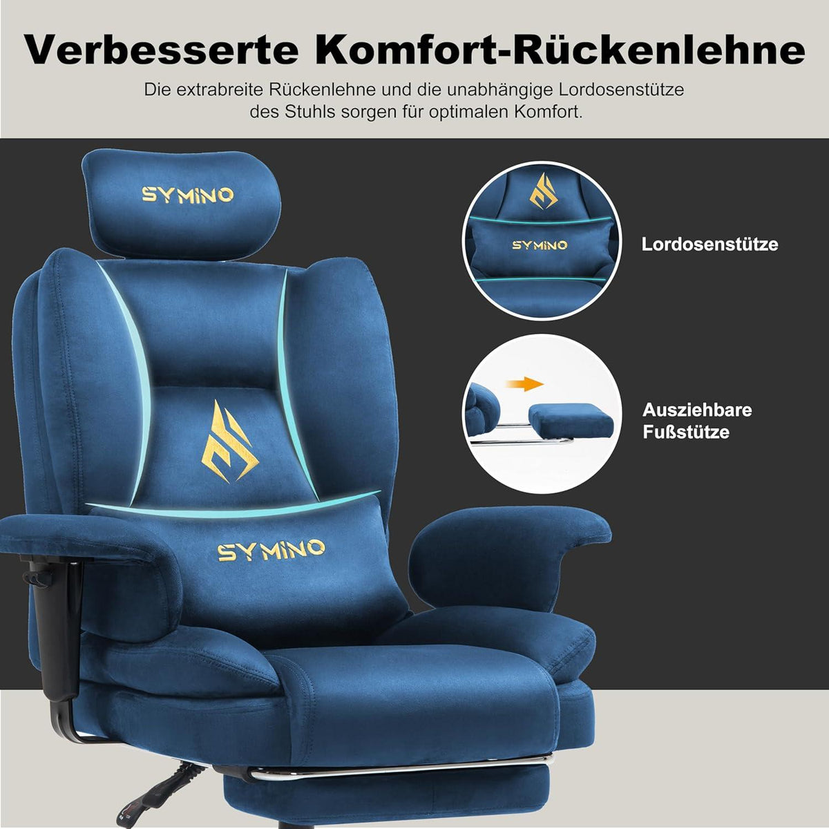 Gaming Stuhl Bürostuhl Wildlederimitat mit Fußstütze Höhenverstellbar Blau
