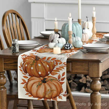 Herbst Tischläufer mit Kürbis-Motiv, 40x180 cm, Beige