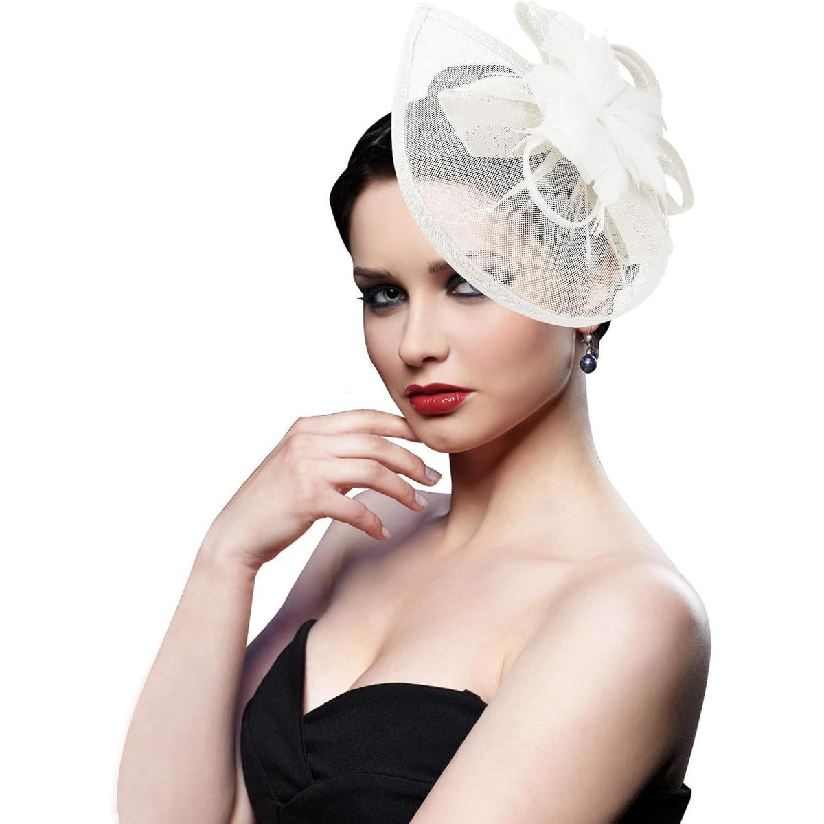 Fascinator Hut Damen mit Schleier & Federblume – Weiß