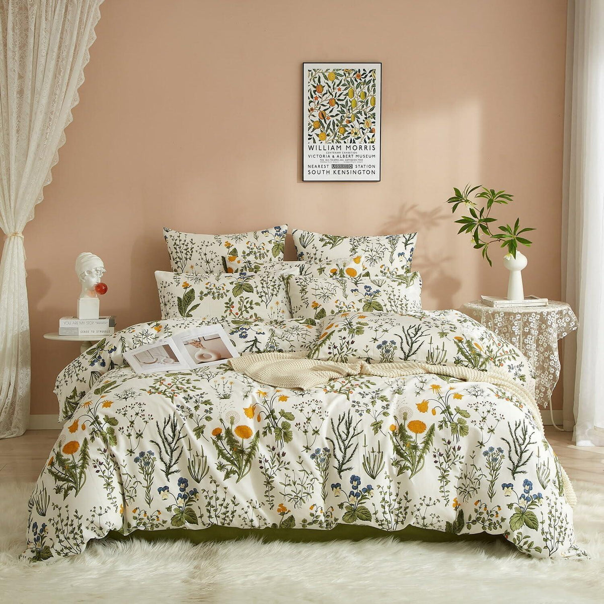Blumen Bettwäsche Set 135x200 Baumwolle Weiß Grün 4tlg.
