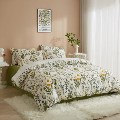Blumen Bettwäsche Set 135x200 Baumwolle Weiß Grün 4tlg.