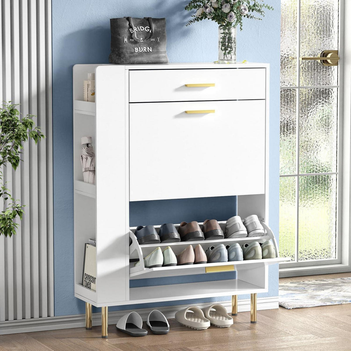 Weißer Schuhschrank mit 2 Schubladen & Fächern (75x24x105cm)