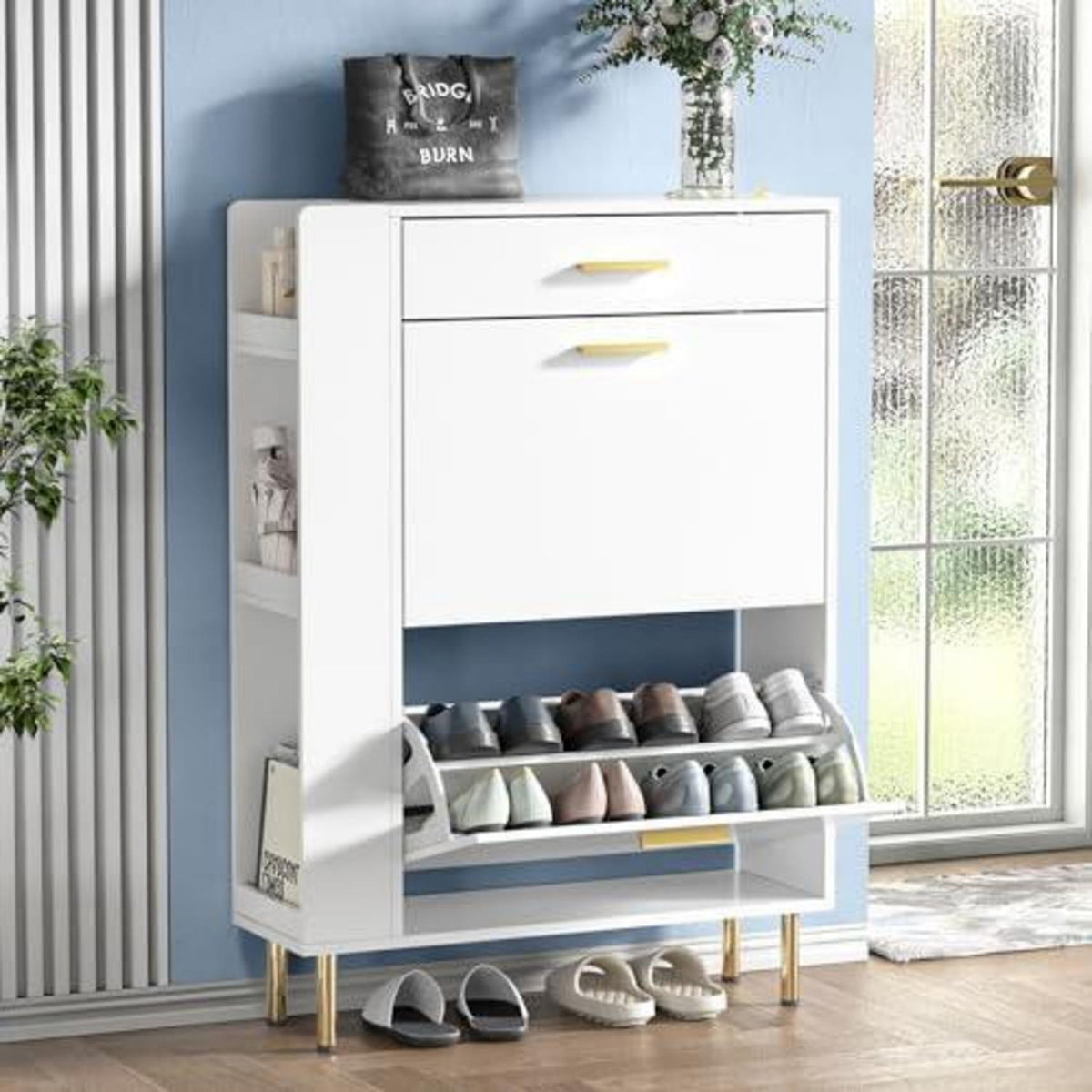 Weißer Schuhschrank mit 2 Schubladen & Fächern (75x24x105cm)