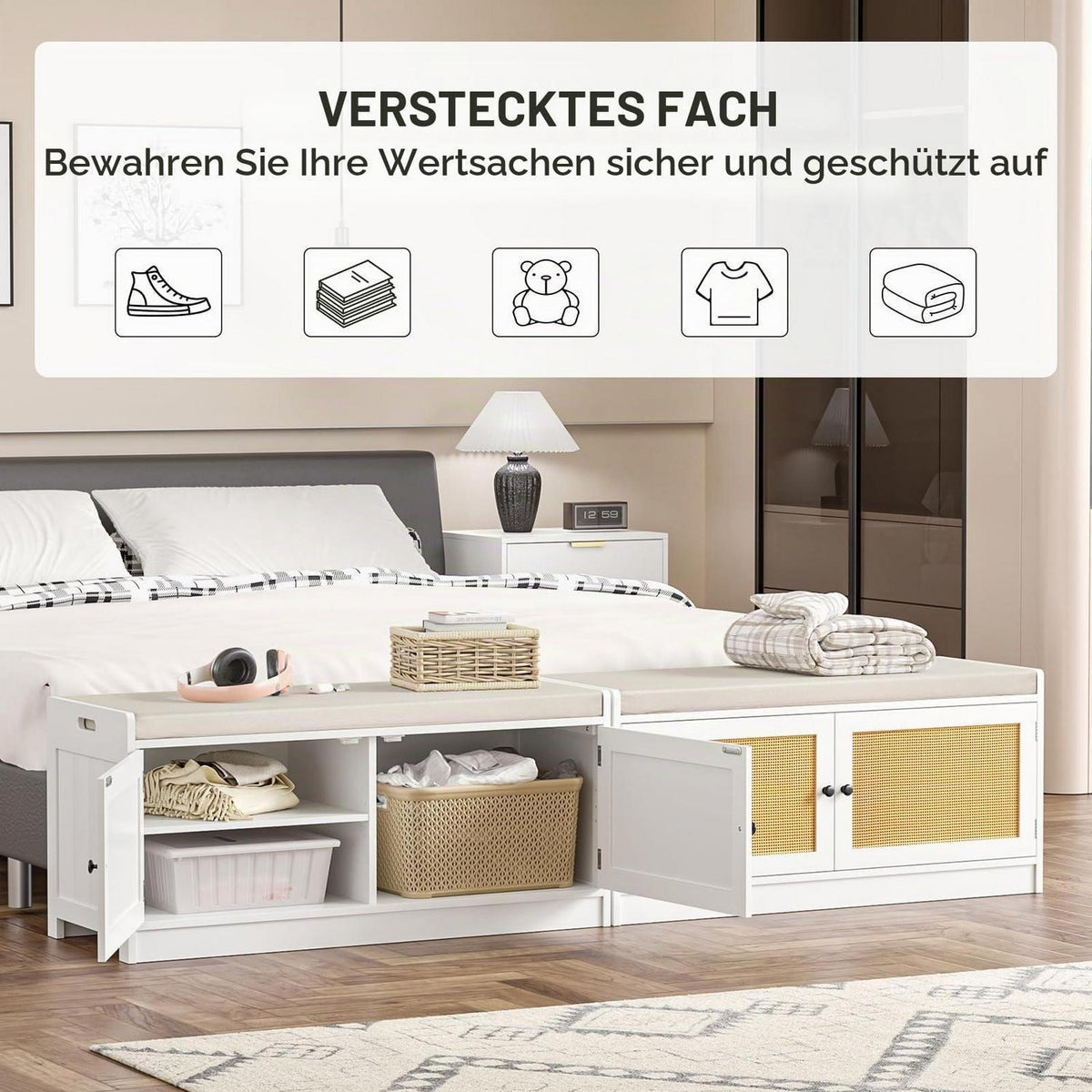 Schuhbank mit Sitzfläche & Stauraum – Weißes Holzregal für Flur