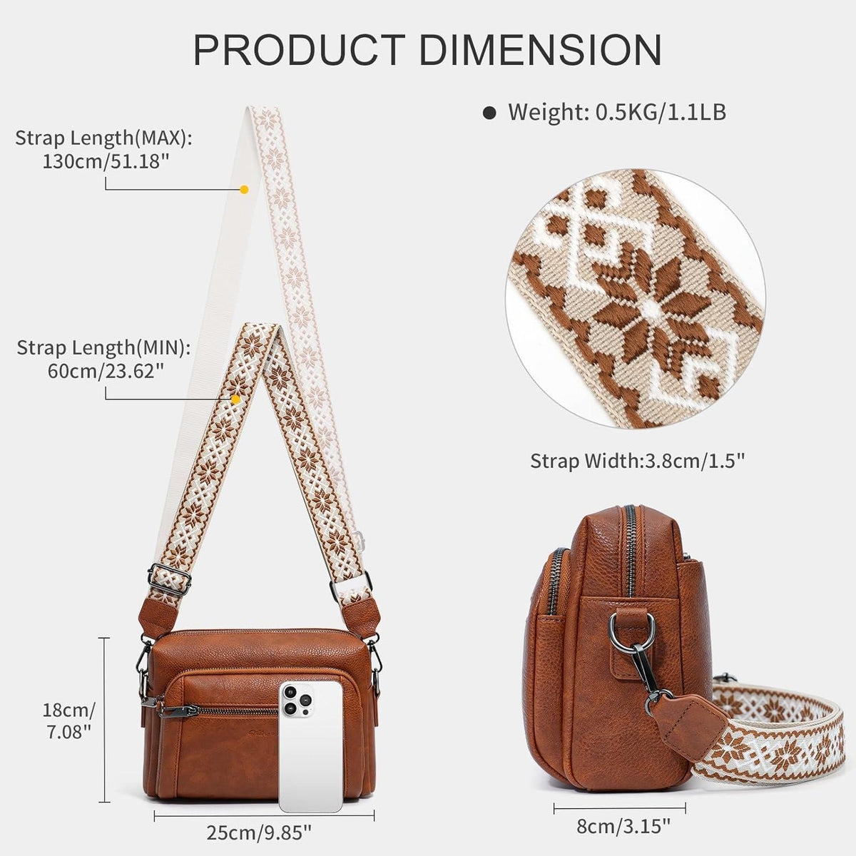 Umhängetasche Damen Leder Crossbody Bag Anti-Diebstahl 4 Fächer