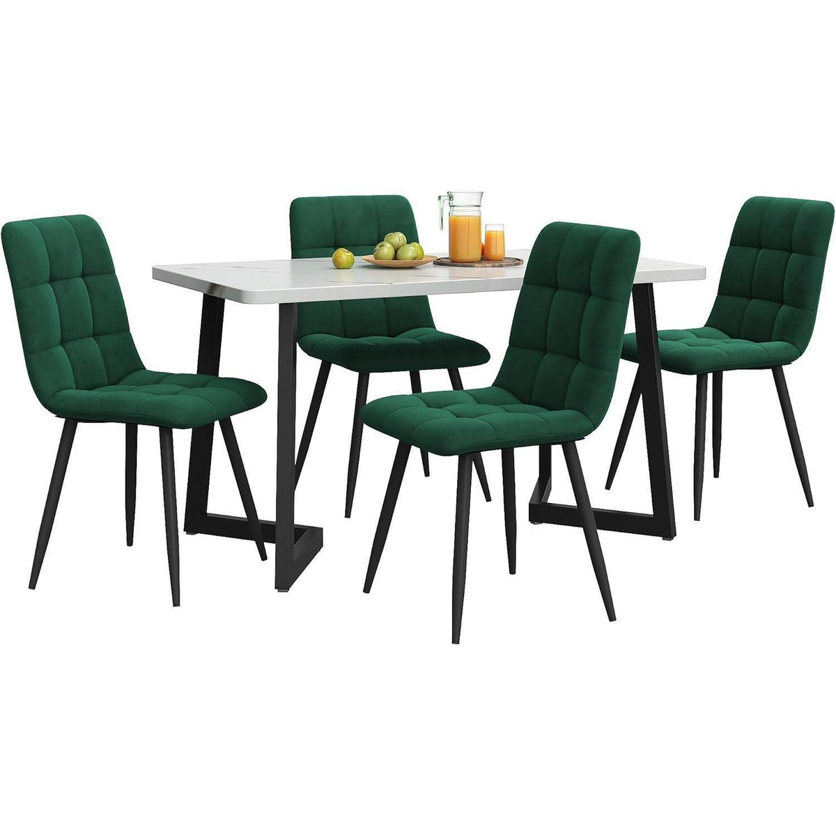 Esstisch Set 117cm mit 4 Samtstühlen Dunkelgrün