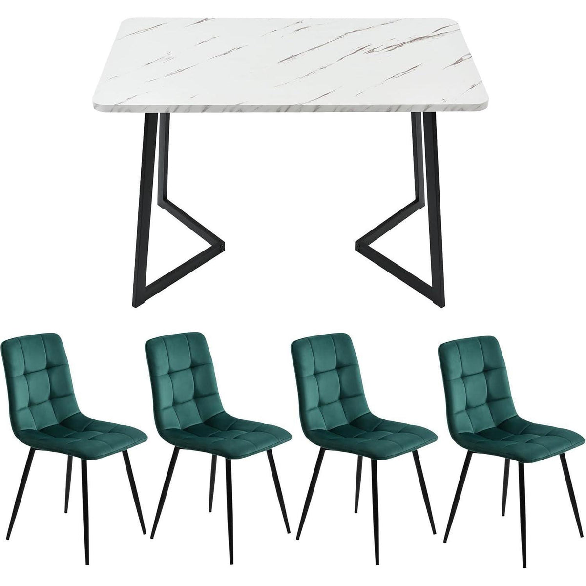 Esstisch Set 117cm mit 4 Samtstühlen Dunkelgrün