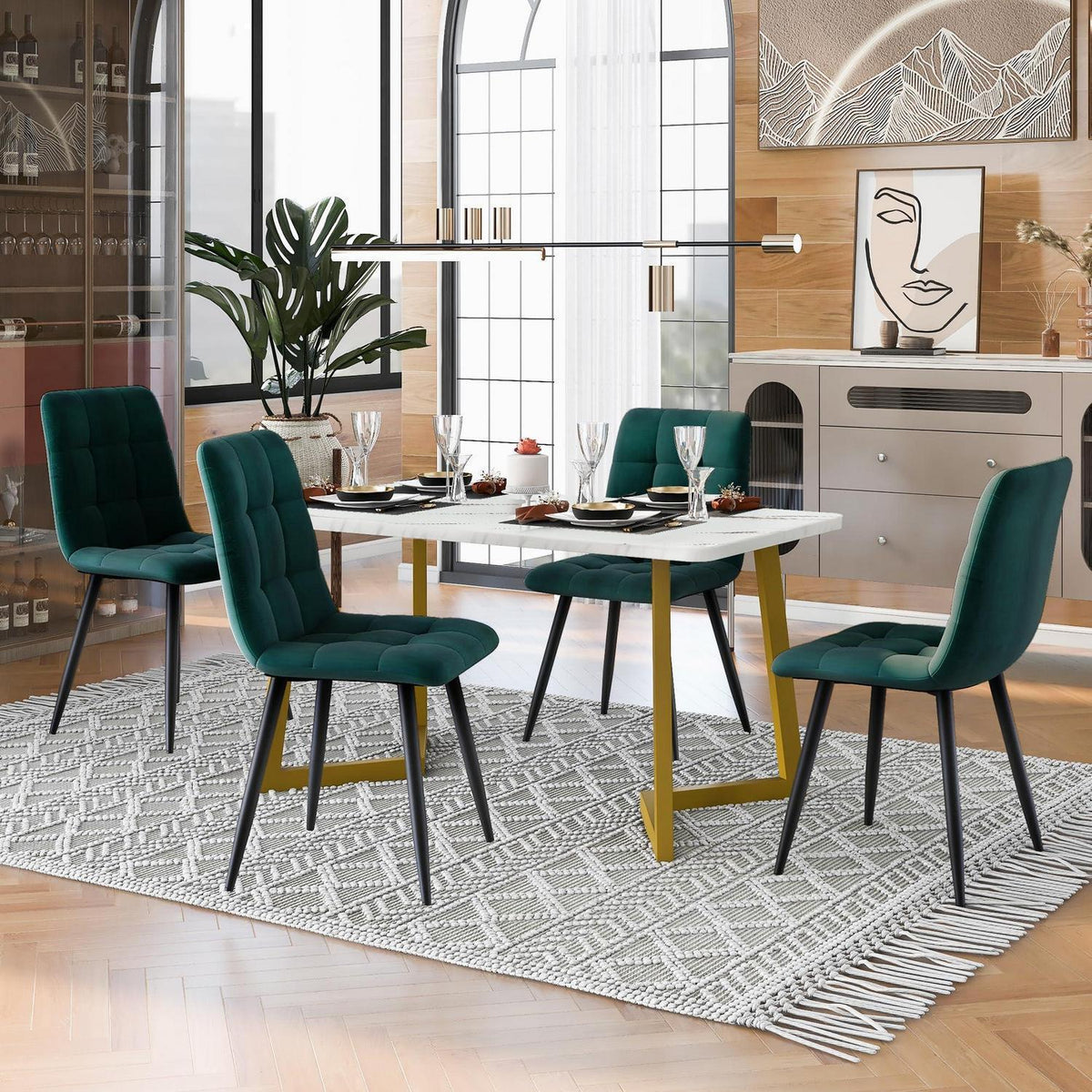 Esstisch Set 117cm mit 4 Samtstühlen Dunkelgrün