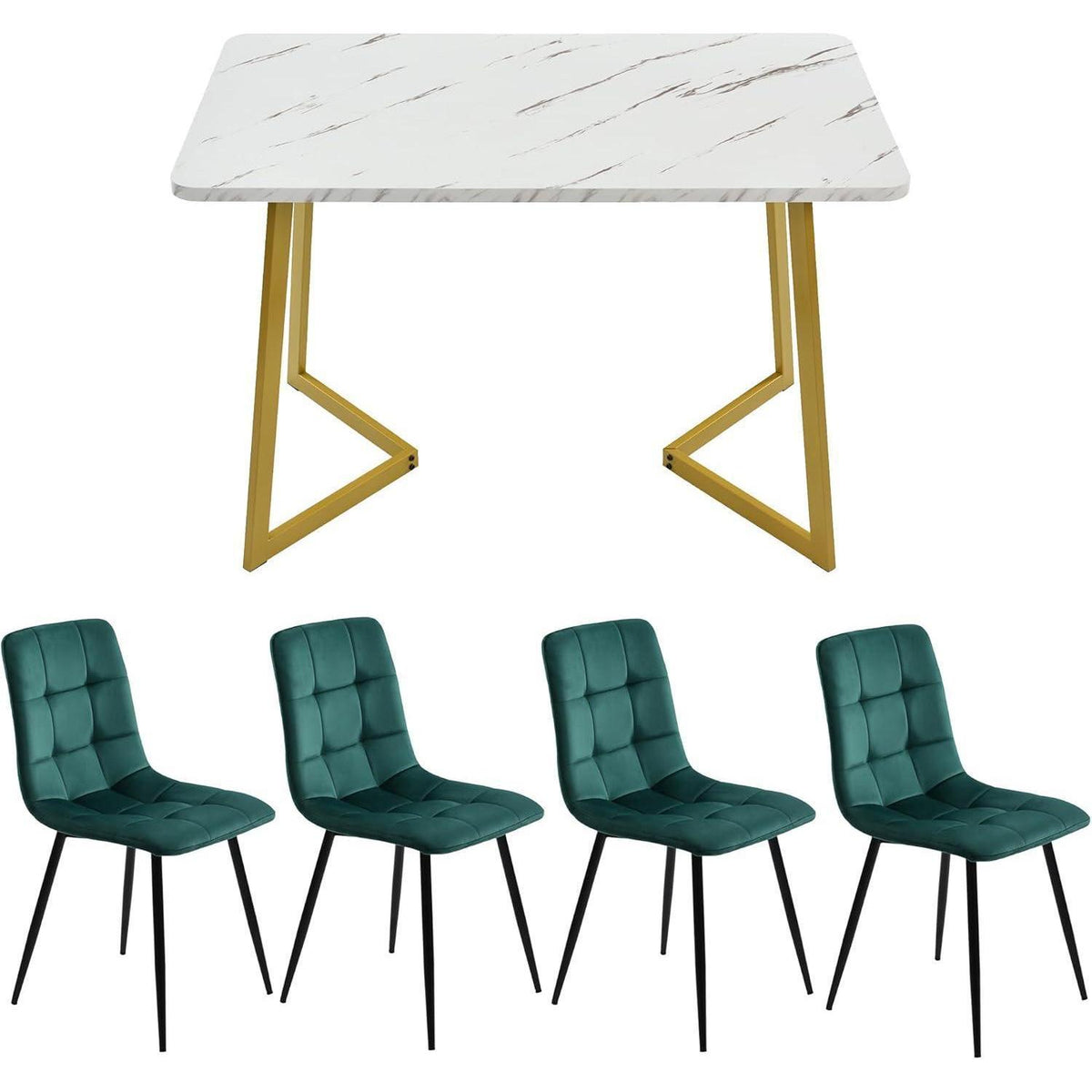 Esstisch Set 117cm mit 4 Samtstühlen Dunkelgrün