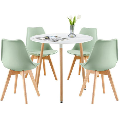 Runde Essgruppe weiß/eisgrün: Tisch + 4 skandinavische Stühle