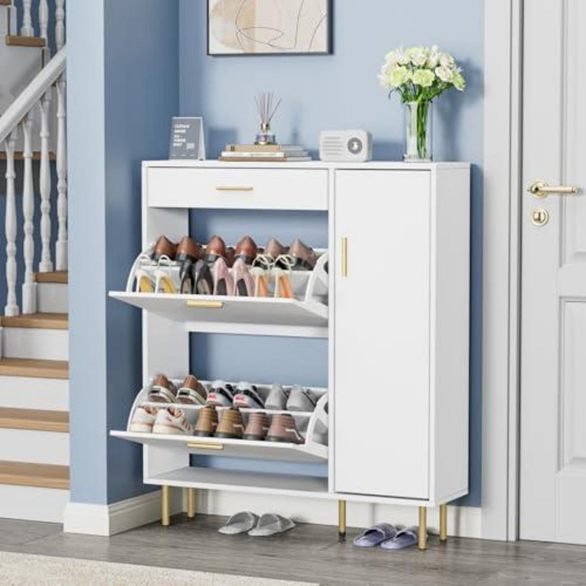 Weißer Schuhschrank mit Klappen & Schublade – Schuhregal für 14-18 Paar