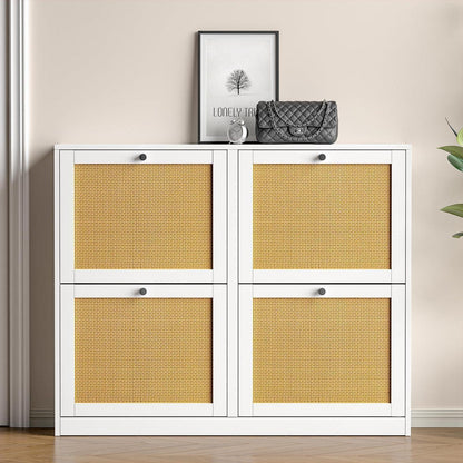 Weißer Schuhschrank mit 4 Klappen & Rattan – Platzsparend & Verstellbar