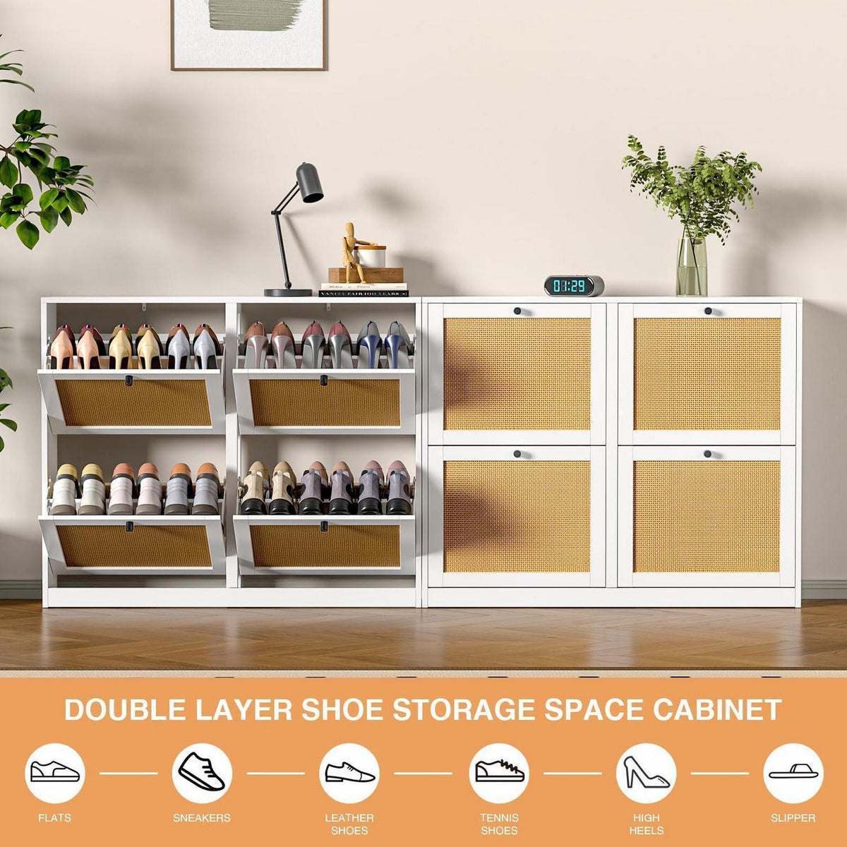 Weißer Schuhschrank mit 4 Klappen & Rattan – Platzsparend & Verstellbar