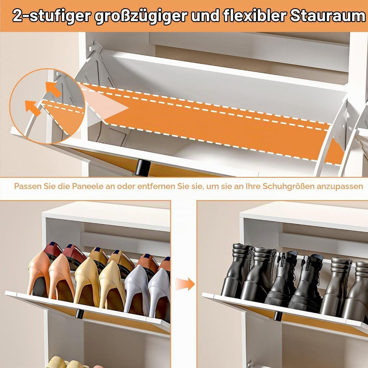 Weißer Schuhschrank mit 4 Klappen & Rattan – Platzsparend & Verstellbar