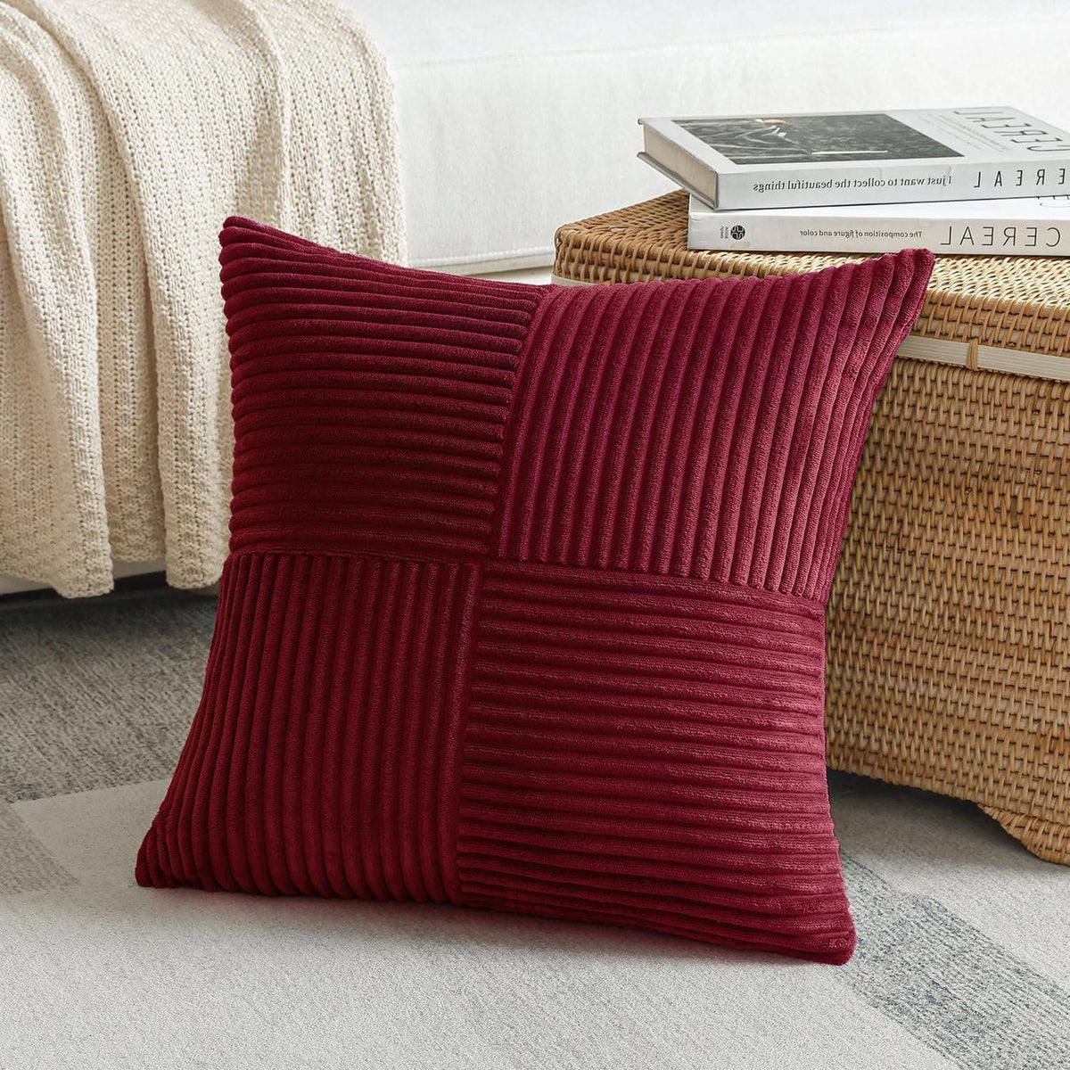 2x Cord Kissenbezug gestreift, 50x50cm, Burgund