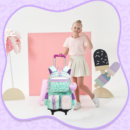 Kinder Trolley Rucksack mit Rollen – Grüner Schulrucksack für Mädchen