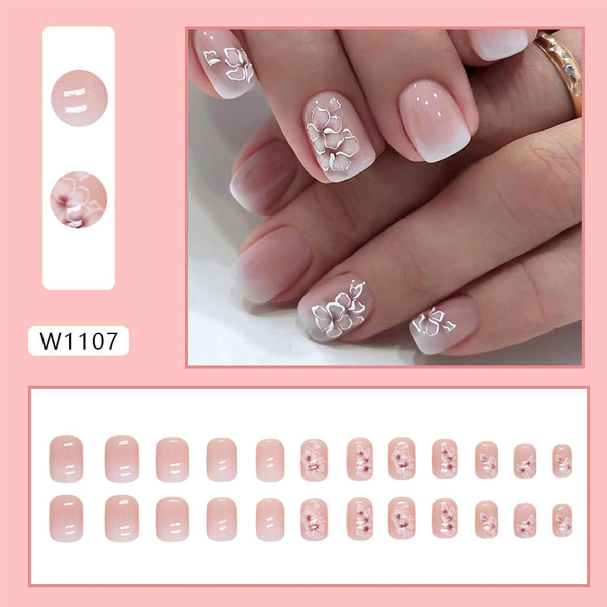 Weiße Quadratische Klebe-Nägel mit Blumenmuster & Pink Verlauf