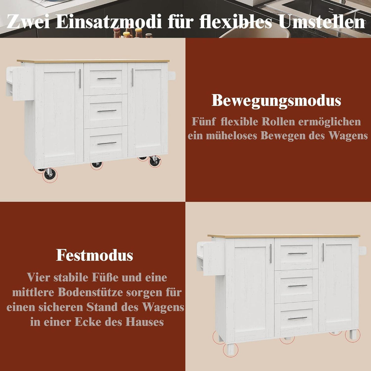 Klappbarer Küchenwagen mit Schubladen & verstellbarer Arbeitsplatte