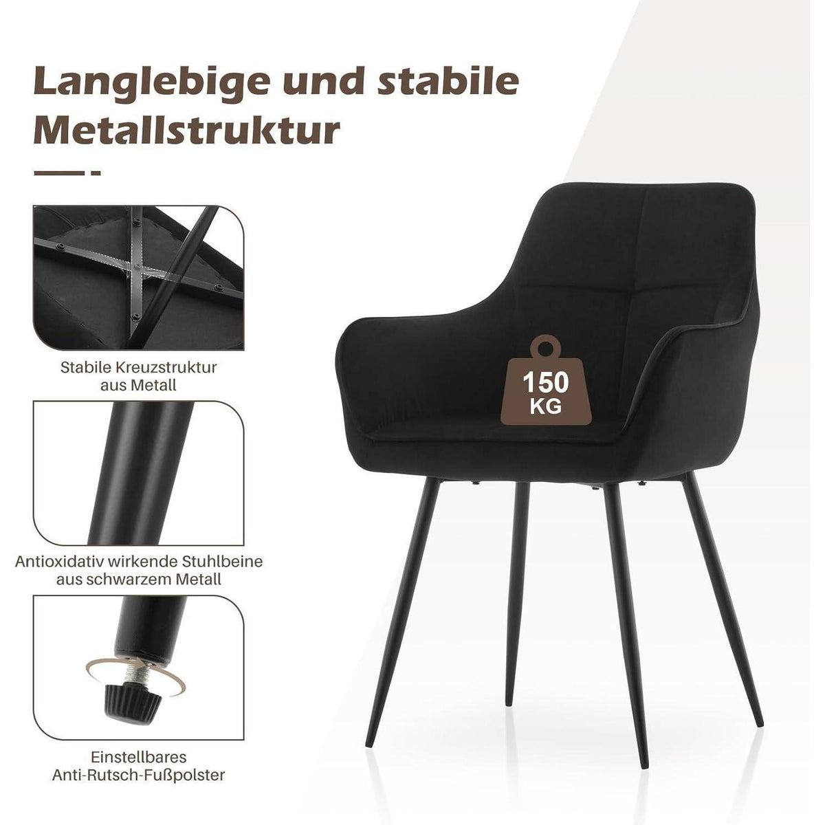 Moderne Esszimmerstühle 2er Set mit Armlehnen Schwarz Samt