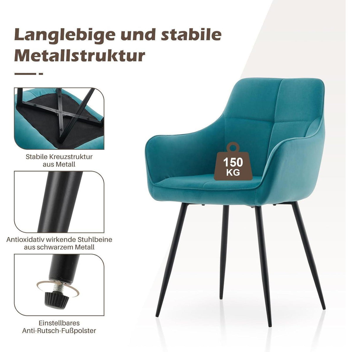 Türkis Samt Esszimmerstühle 4er-Set mit Armlehnen & Komfort