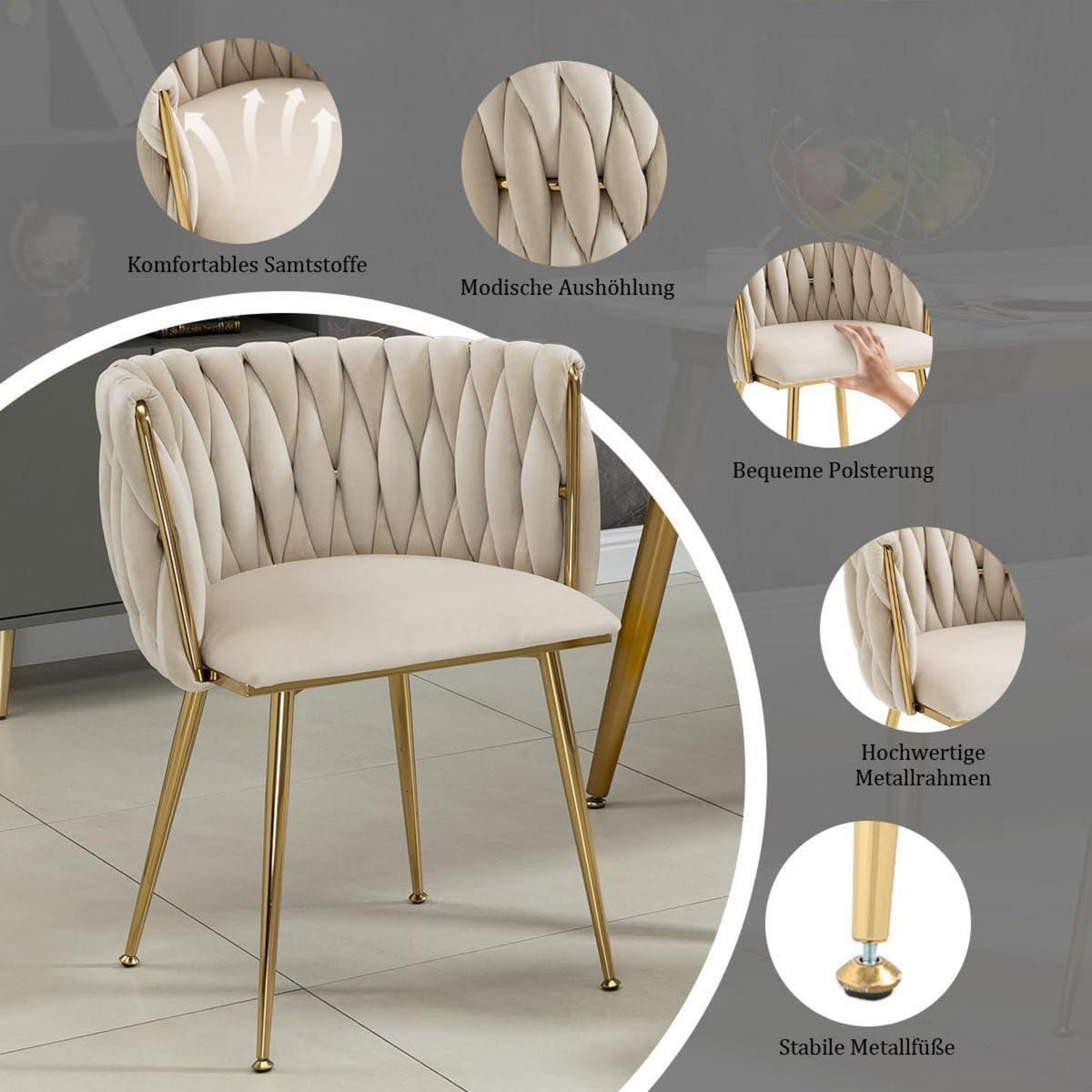 Samt Esszimmerstühle 2er Set mit goldenen Beinen