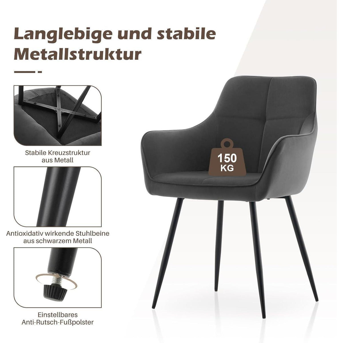 Graue Samt Esszimmerstühle 2er Set mit Armlehnen