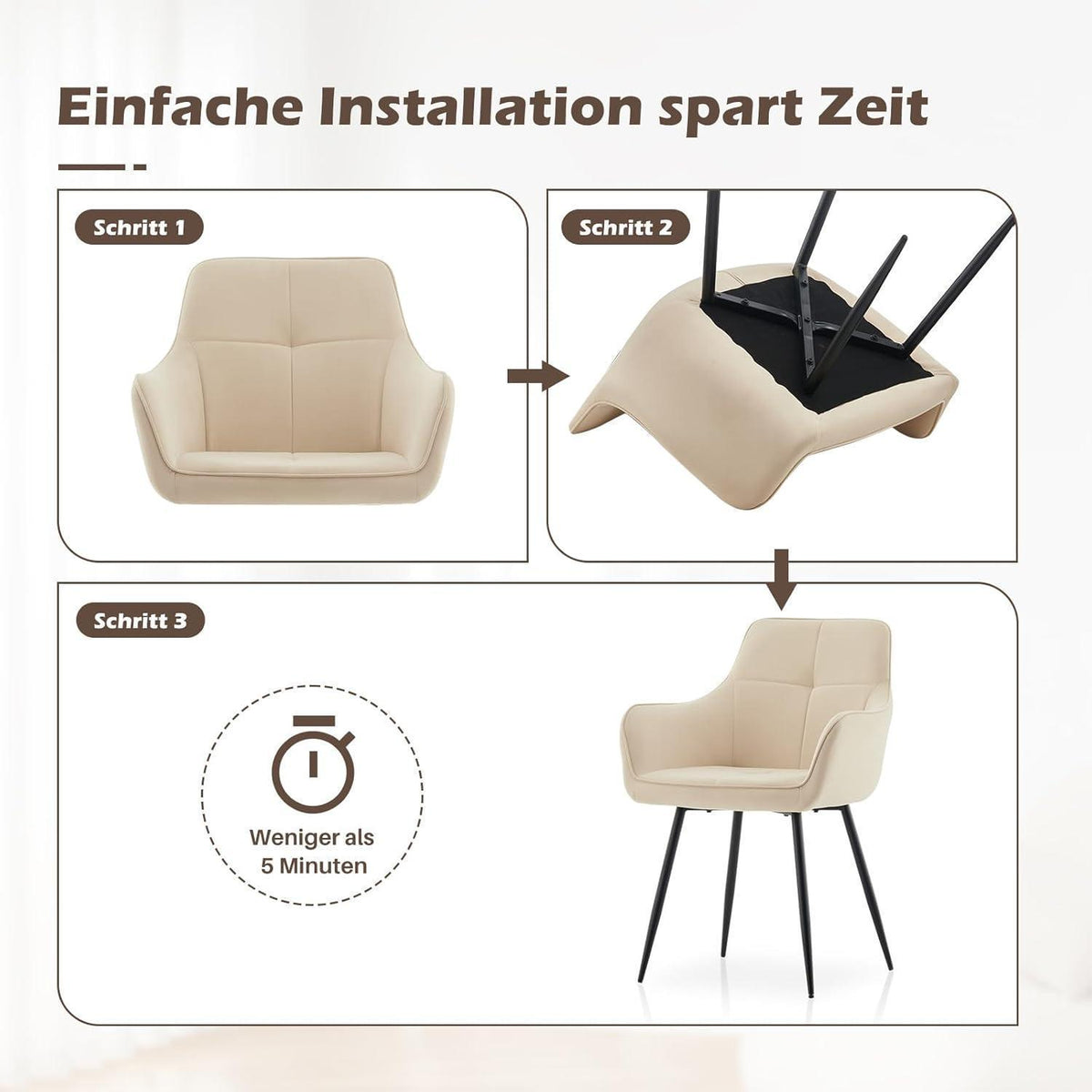 Esszimmerstühle 6er-Set Beige Samt mit Armlehne & Metallgestell