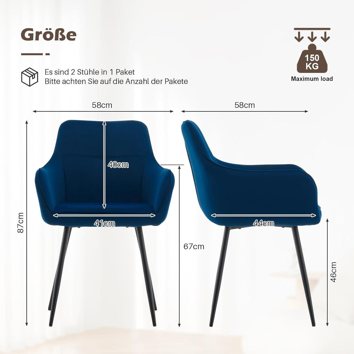 Blau Samt Esszimmerstühle 4er Set mit Armlehnen