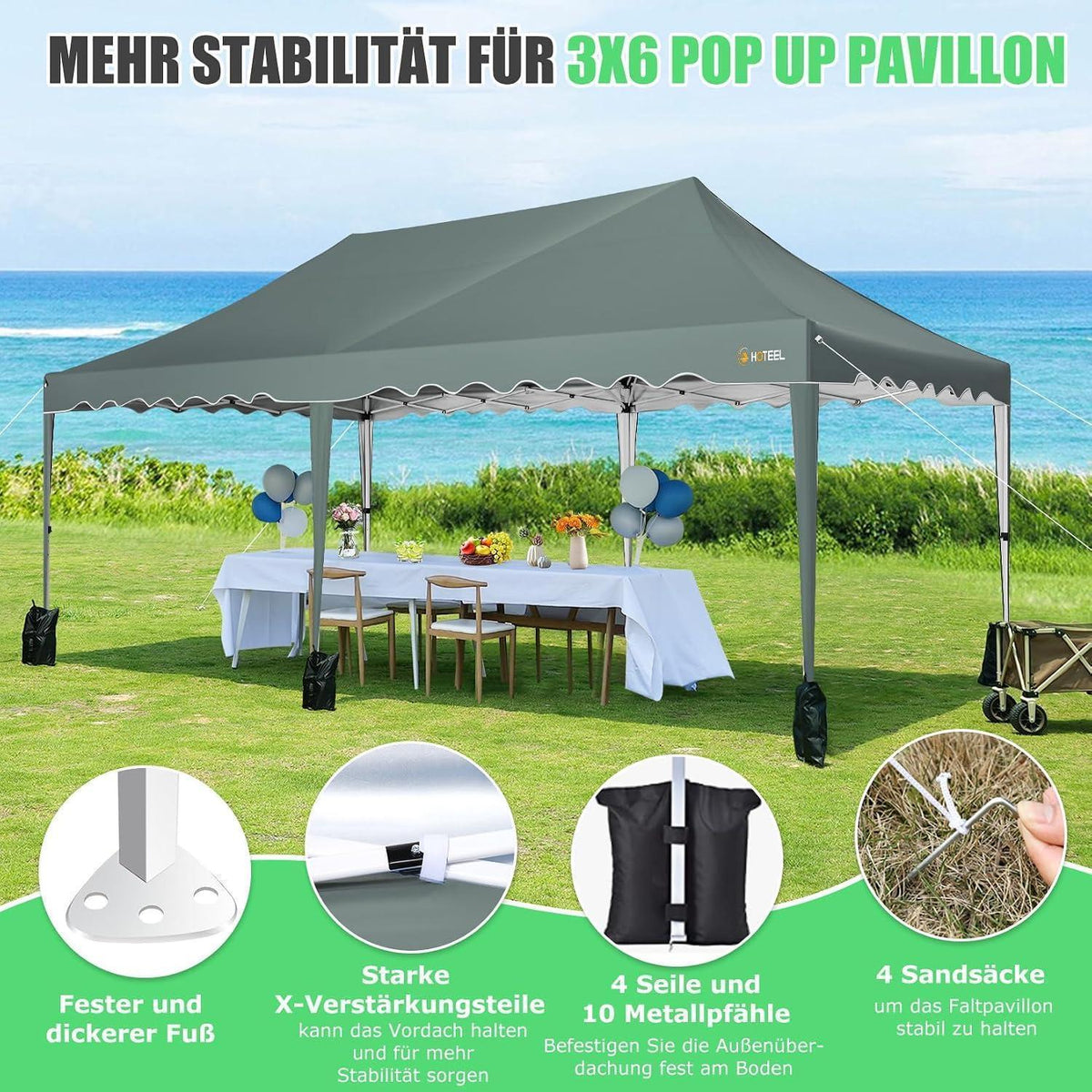 Faltpavillon 3x6 mit 6 Seitenwänden – Wasserdicht & Stabil